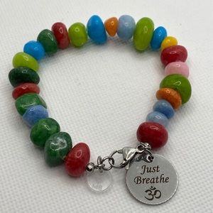 Colorful Gemstone-Inspired Bracelet with Just Breathe’ Charm